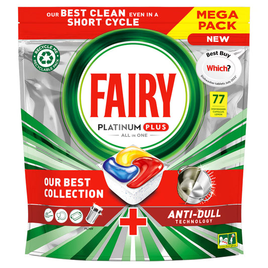 Fairy Platinum plus All in One Lemon Dishwasher Capsules, 77 Pack